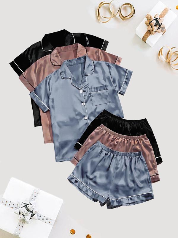 6 Pieces Women's Solid Satin Pyjama Set, Short Sleeve Button Front Lapel Shirt & Contrast Binding Shorts Pj Set, Summer Sleepwear Set, Back To School Pajama Sets Women