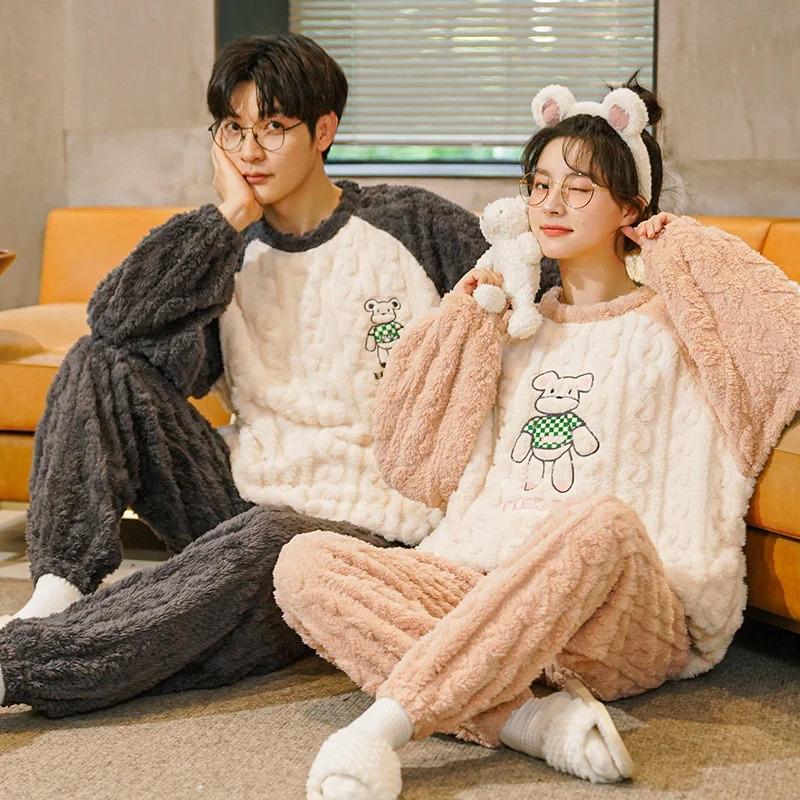 Winter Warm Cute Cartoon Pajamas Couple Set Women Coral Fleece Flannel Men's Home Wear