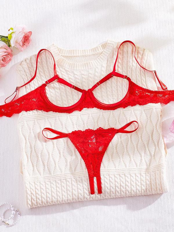 Women's Floral Lace Sheer Crop Sweater & Cut Out Thong Set, Sexy Comfy Breathable Lingerie Set for Daily Wear, Ladies Underwear for All Seasons