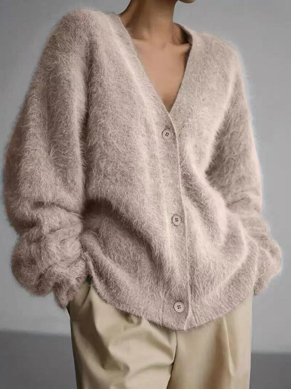 Women's Solid Button Front Drop Shoulder Fuzzy Cardigan, Casual Long Sleeve V Neck Knitwear for Fall & Winter, Fashion Ladies' Knit Clothing for Daily Wear