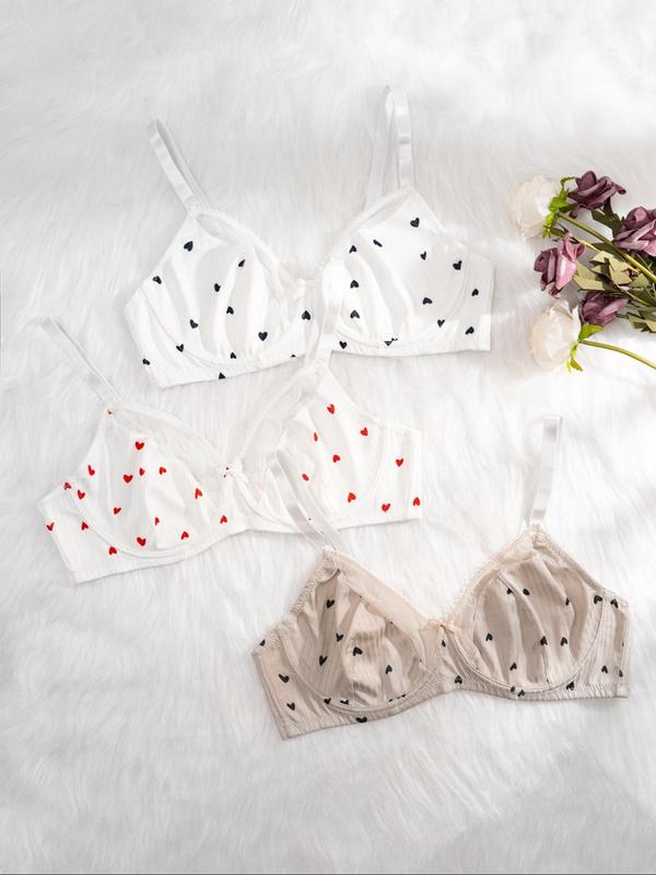 Plus Size Heart Print Contrast Mesh Spaghetti Strap Bra, Lady Cute Comfort Bow Decor Sheer Lingerie Top, Soft Comfy Breathable Underwire Bra for Daily Wear, Womenswear Underwear
