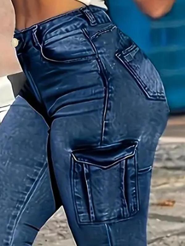 Women's Denim-effect Print High Waist Skinny Pants, Casual Button Pocket Design Pants for Daily Wear, Pants for Women, Fall Outfits, Ladies Bottoms Comfy Pants for Fall Downtown Girl Clothes