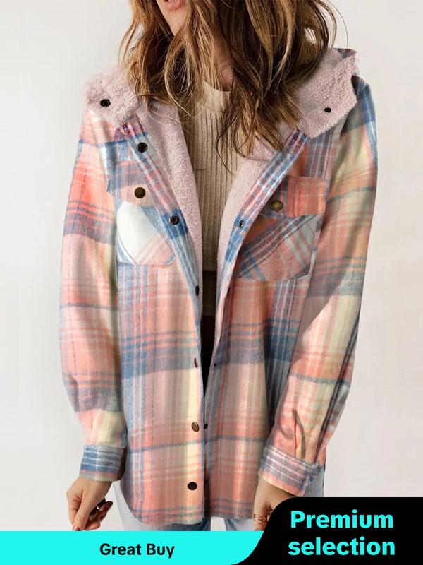 Women's Plaid Print Button Front Thermal Lined Hooded Coat, Fall Outfits, Casual Long Sleeve Pocket Outerwear for Winter, Ladies Clothes for Daily Wear