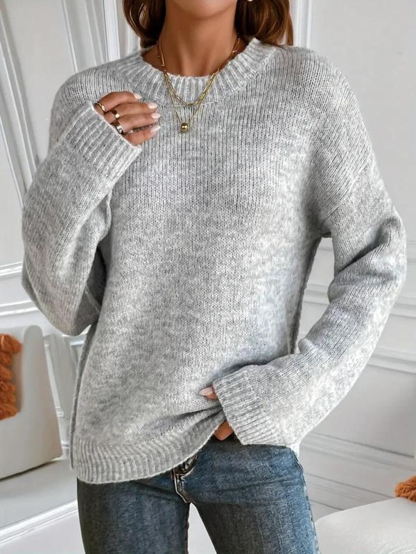 Women's Plain Drop Shoulder Sweater Pullover, Casual Long Sleeve Round Neck Jumper for Daily Outdoor Wear, Ladies Knitwear for All Seasons
