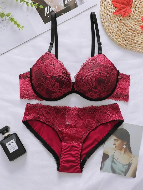 Two-Piece Set Women's Contrast Lace Push Up Bra & Panty Set, Breathable Adjustable Lace Lingerie Set, Two-Piece Lingerie Set for Women Daily Wear