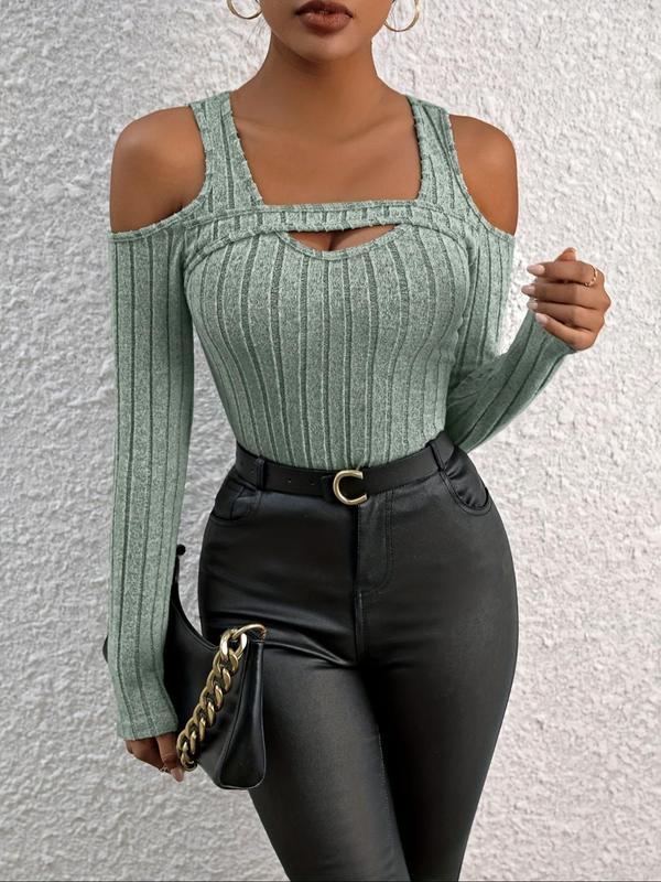 Women's Plain Cut Out Cold Shoulder Ribbed Tee, Casual Long Sleeve T-shirt for Spring & Fall, Women's Clothing for Daily Wear