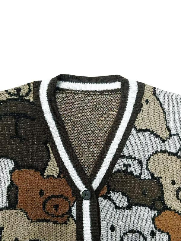 Women's Cartoon Bear Print Button Front Cardigan, Cute Casual Long Sleeve V Neck Knitwear for Fall & Winter, Cardigan for Women, Women's Knit Clothing for Daily Wear