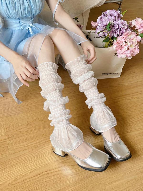 Women's Solid Ruffle Trim Shirred Sheer Leg Warmers, 1 Pair Summer 2024 Elegant Fashion Scrunch Socks for Daily Outdoor Wear, Ladies Socks for Summer