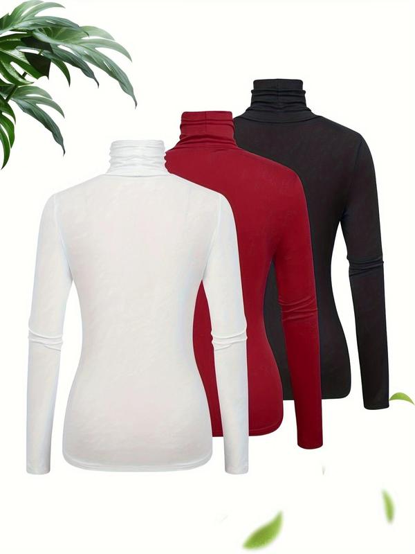 Women's Solid Turtle Neck Long Sleeve Tee, 2024 New Style Elegant Fashion Casual Tight Sleeve Top for Daily Outdoor Wear,  The Original Skating Girl Shirt, Women Clothing for Fall & Winter