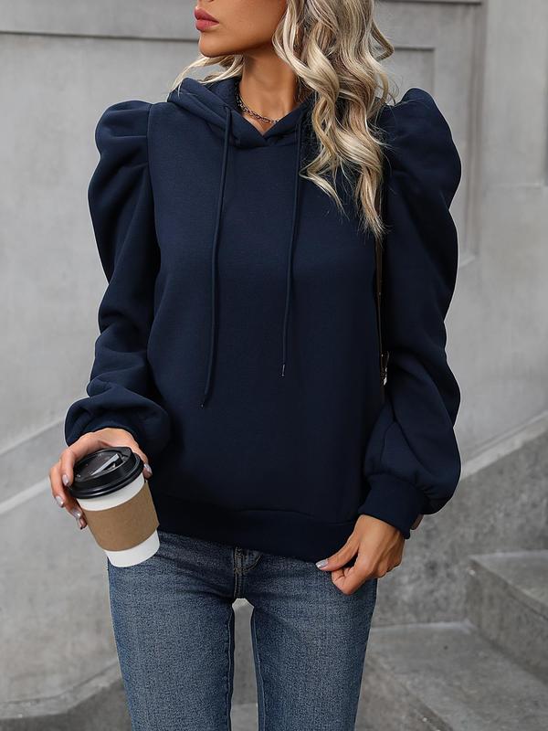 Women's Plain Puff Sleeve Drawstring Hoodie, Casual Long Sleeve Hooded Sweatshirt for Spring & Fall, Fashion Women's Clothing for Daily Wear