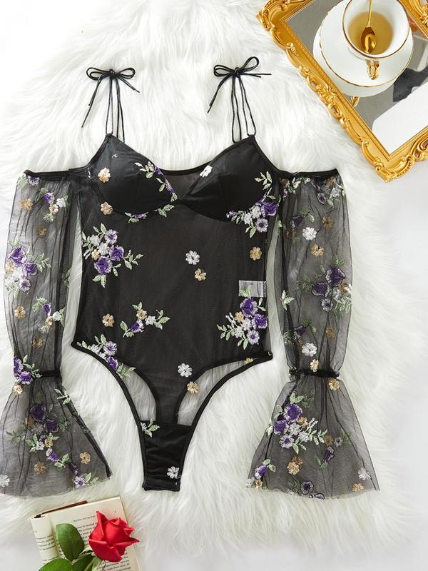 Women's Floral Embroidery Sheer Mesh Lingerie Bodysuit, Sexy Knotted Shoulder Padded Lingerie Top for Daily Wear, Womenswear, Women's Lingerie, Women Sexy Lingeries & Costumes