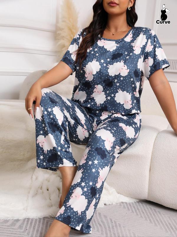 Plus Size Two-Piece Set Cartoon Dinosaur Print Tee & Pants & Eye Mask Pyjama Set, Casual Short Sleeve T-shirt & Trousers & Eye Cover, Women's Summer Sleepwear
