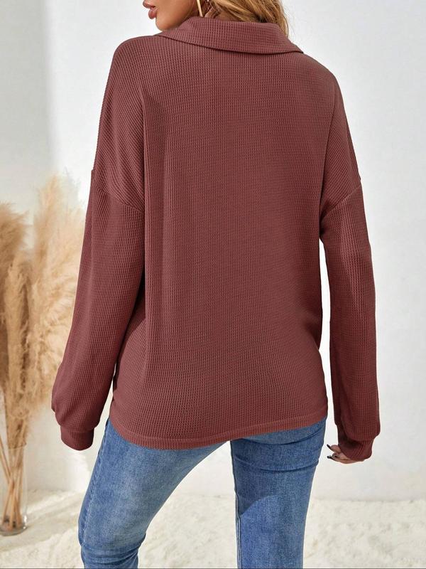Women's Plain Half Button Drop Shoulder Tee, Casual Long Sleeve Collared Top for Spring & Fall, Women's Clothing for Daily Wear