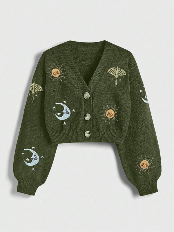 Plus Size Insect Embroidery V Neck Crop Sweater Cardigan, Casual Long Sleeve Open Front Knitwear for Fall & Winter, Women's Plus Clothing for Daily Wear