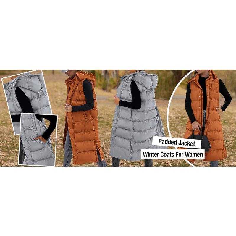 Women's Long Puffer Vest with Quilted Hood and Button Down Closure for Winter Coat 2024 - Tops, Womenswear