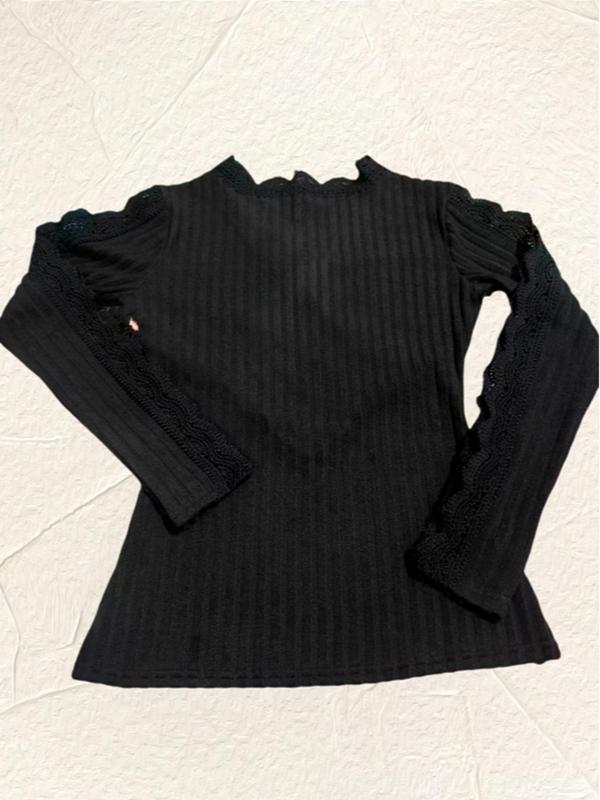 Women's Plain Contrast Lace Cut Out Scallop Trim V Neck Tee, Casual Drop Shoulder Long Sleeve T-shirt for Spring & Fall,  T Shirts for Women, Women's Top for Daily Wear
