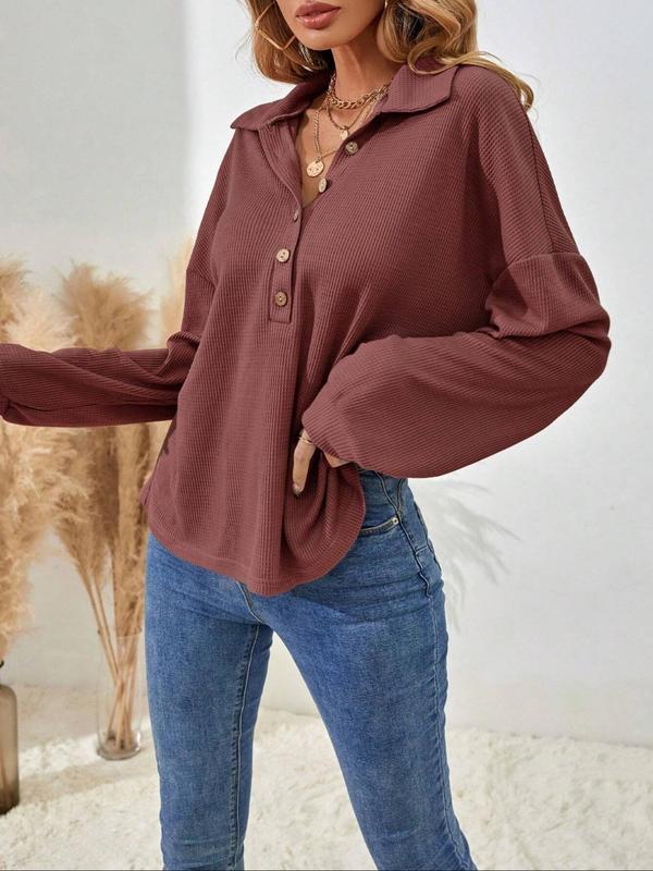 Women's Plain Half Button Drop Shoulder Tee, Casual Long Sleeve Collared Top for Spring & Fall, Women's Clothing for Daily Wear