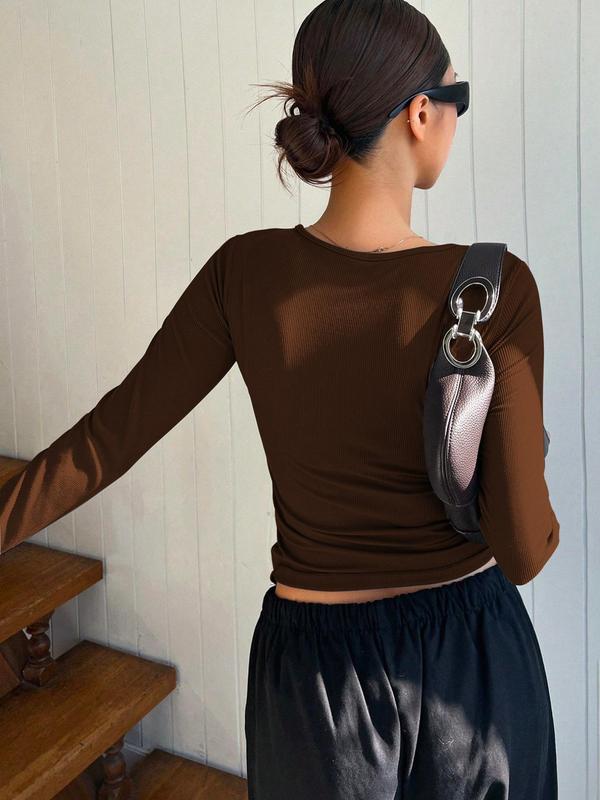 Women's Plain Button Front Tee, Casual Long Sleeve Round Neck T-shirt for Fall & Winter, Women's Clothing for Daily Wear Downtown Girl Clothes, Fall Clothes