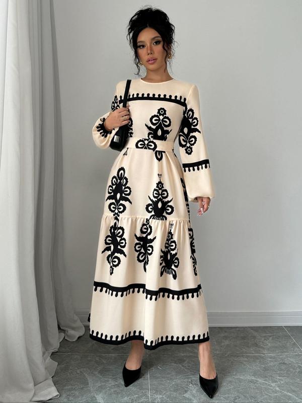 Women's Random Floral Print Long Sleeve Dress, Boho Fashion Casual Long Dress for Daily Holiday Vacation Wear, Women Dress for Fall & Winter
