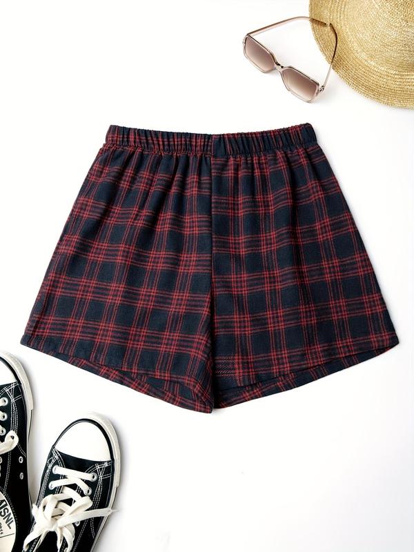 Women's Plaid Print Elastic Waist Shorts, Casual Comfy Shorts for Daily Wear, Ladies Bottoms for All Seasons