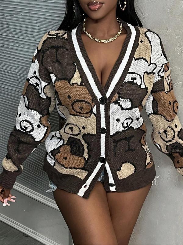 Women's Cartoon Bear Print Button Front Cardigan, Cute Casual Long Sleeve V Neck Knitwear for Fall & Winter, Cardigan for Women, Women's Knit Clothing for Daily Wear