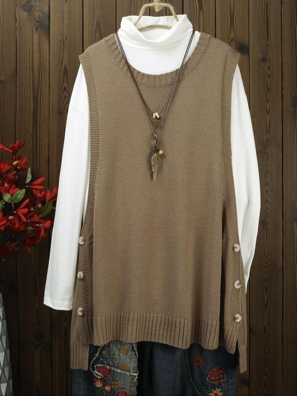  Solid Button High Low Hem Sweater Vest, Casual Sleeveless Round Neck Knitwear for Fall & Winter, Women's Plus Clothing for Daily Wear