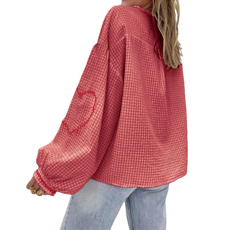 Women Long Sleeve Shirts Heart Embroidery Plaid Front Bowknot Tie-Up Blouses Fashion Spring Summer Casual Tops