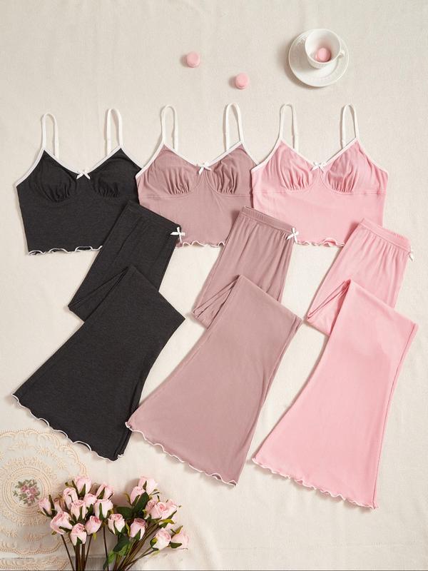 Women's Contrast Binding Lettuce Trim Pyjama Set, Adjustable Spaghetti Strap Crop Cami Top & Bow Decor Elastic Waist Pants Pj Set, Leisure Wear Top & Pants, Casual Comfy Loungewear Set for Women 90s Clothes, Leisure Wear Top