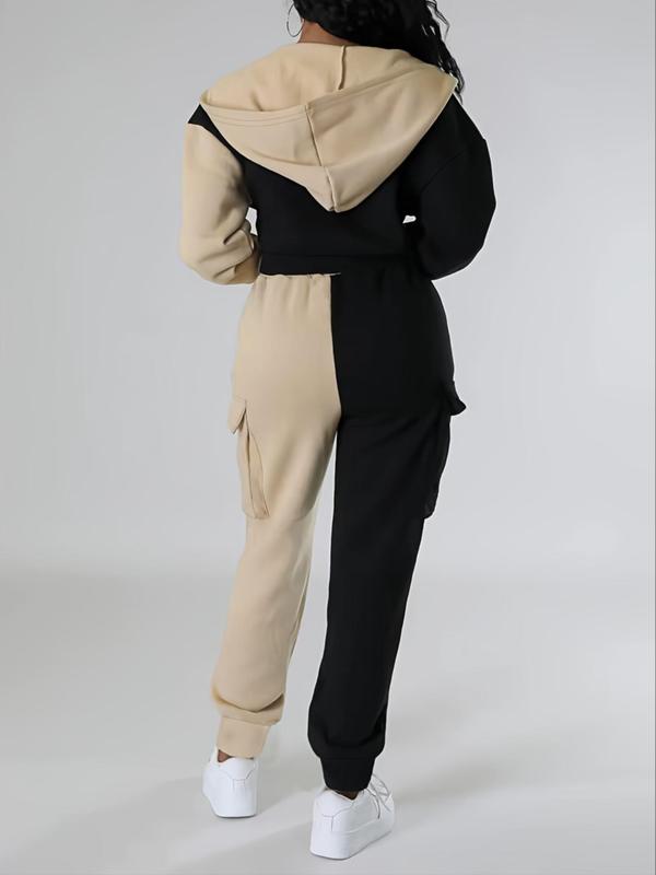Two-piece Set Women's Colorblock Zip Up Hooded Sweatshirt & Pocket Cargo Pants, Casual Fashion Drop Shoulder Long Sleeve Top & Trousers for Daily Outdoor Wear, Women's Clothing for Fall & Winter