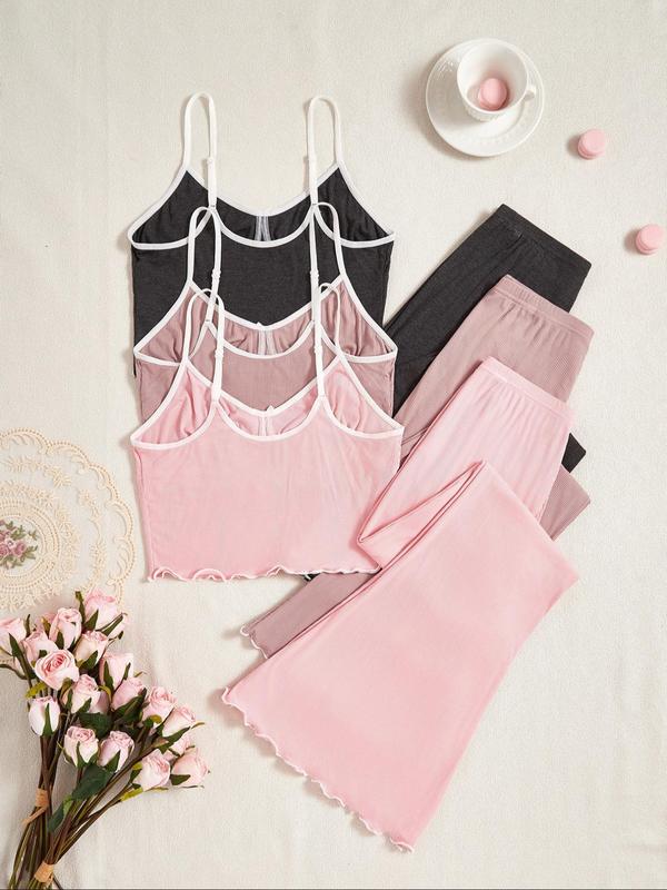 Women's Contrast Binding Lettuce Trim Pyjama Set, Adjustable Spaghetti Strap Crop Cami Top & Bow Decor Elastic Waist Pants Pj Set, Leisure Wear Top & Pants, Casual Comfy Loungewear Set for Women 90s Clothes, Leisure Wear Top