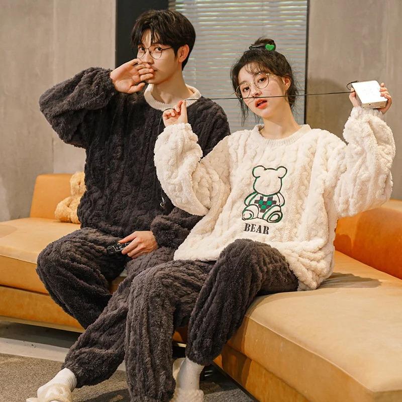 Winter Warm Cute Cartoon Pajamas Couple Set Women Coral Fleece Flannel Men's Home Wear