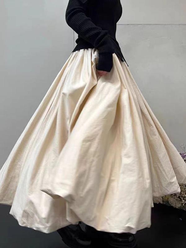 Women's Solid Elastic Waist Flared Bubble Skirt, Elegant Fashion Casual High Waist Long Skirt for Daily Outdoor Wear, Fall Outfits, Fall Skirts for Women, Women's Bottoms for Fall, Downtown Girl Clothes