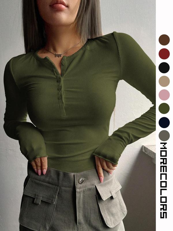 Women's Plain Button Front Tee, Casual Long Sleeve Round Neck T-shirt for Fall & Winter, Women's Clothing for Daily Wear Downtown Girl Clothes, Fall Clothes