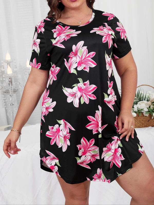  All Over Print Round Neck Tee Nightdress, Casual Short Sleeve Nightgown for Summer, Women's Sleepwear for Indoor Home Wear