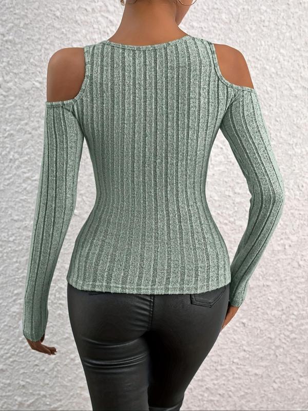 Women's Plain Cut Out Cold Shoulder Ribbed Tee, Casual Long Sleeve T-shirt for Spring & Fall, Women's Clothing for Daily Wear