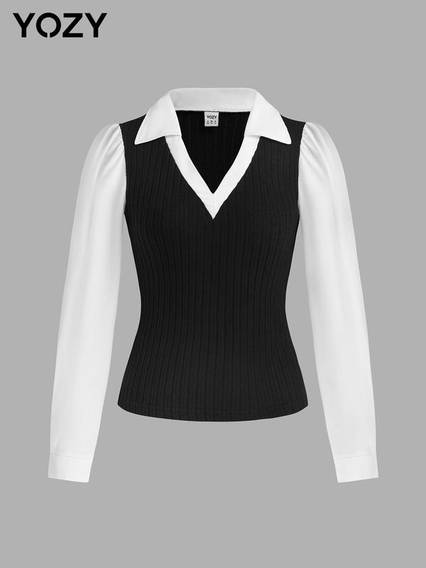 YOZY Women's Colorblock 2 in 1 Bishop Sleeve Blouse, Casual Long Sleeve Collared Top for Spring & Fall, Women's Clothing for Daily Wear