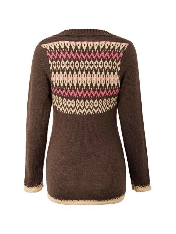 Women's Geometric Jacquard Button Front Scoop Neck Sweater, Casual Long Sleeve Jumper for Fall & Winter, Fashion Ladies' Knitwear for Daily Wear