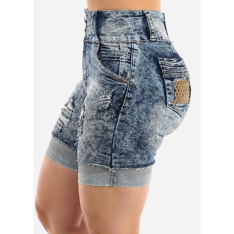 Butt Lift Mid Thigh Ripped Denim Shorts Acid Wash
