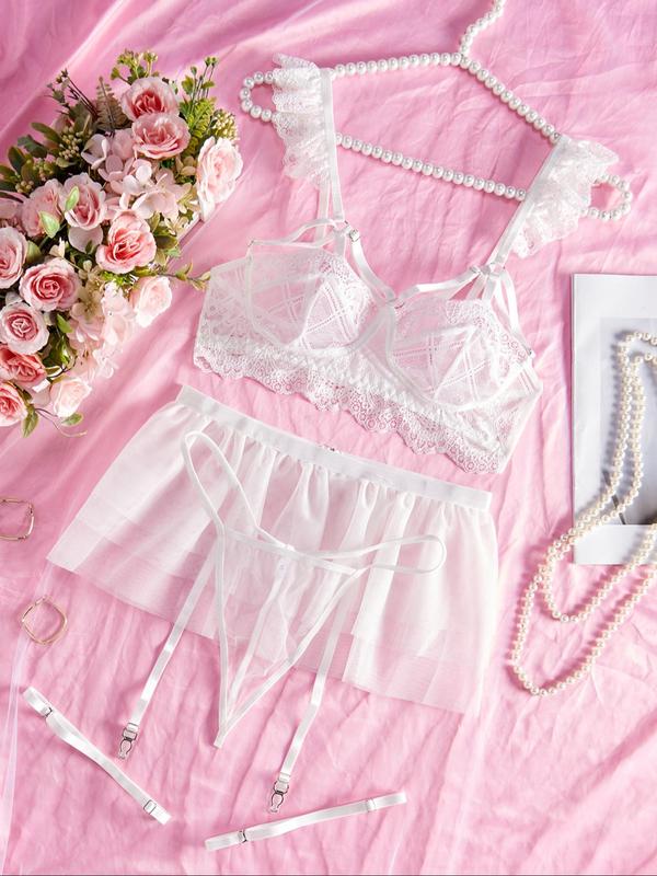 Women's Contrast Lace Ruffle Sexy Lingerie Set, 2024 New Style Solid Color Bra & Thong & Garter Belt & Thigh Ring & Miniskirt Set, Lingerie Set for Women