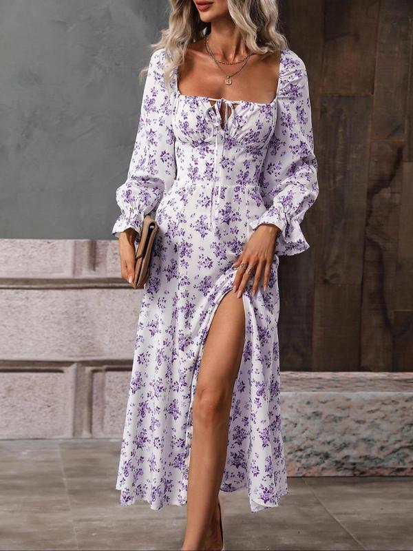 Women's Ditsy Floral Print Tie Front Split Thigh A-line Vintage Dress, Boho Long Sleeve Slim Fitting Square Neck Midi Dress for Spring & Fall, Summer Outfits, Back To School Outfits, Birthday Dresses 2024 Frenchy Style Non Bodycon Dress