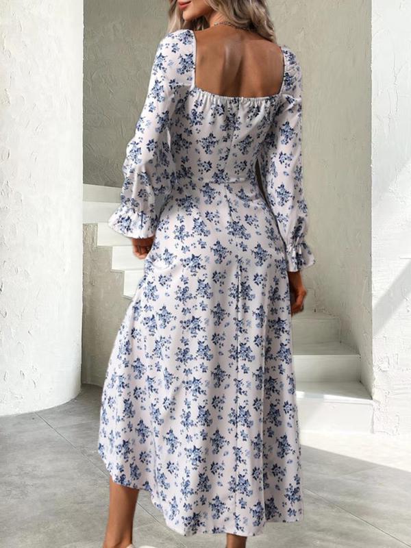 Women's Ditsy Floral Print Tie Front Split Thigh A-line Vintage Dress, Boho Long Sleeve Slim Fitting Square Neck Midi Dress for Spring & Fall, Summer Outfits, Back To School Outfits, Birthday Dresses 2024 Frenchy Style Non Bodycon Dress