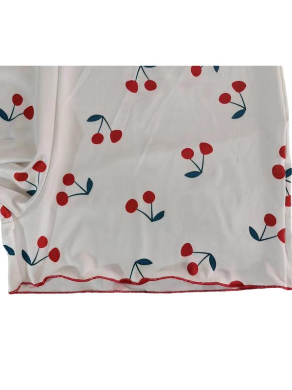 Women's Cherry Print Buttons Deep V Neck Lettuce Trim Vintage Romper, Fashion Casual Short Sleeve Skinny Romper for Summer, Ladies Clothes for Daily Wear