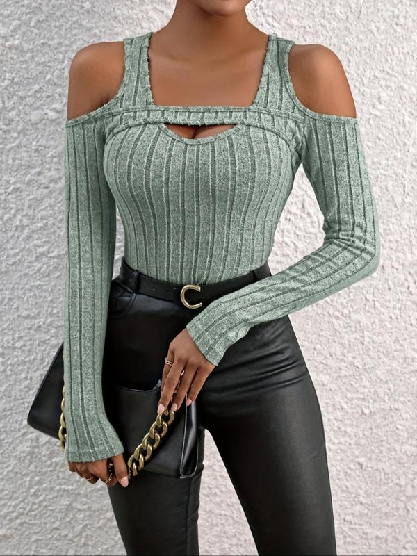 Women's Plain Cut Out Cold Shoulder Ribbed Tee, Casual Long Sleeve T-shirt for Spring & Fall, Women's Clothing for Daily Wear