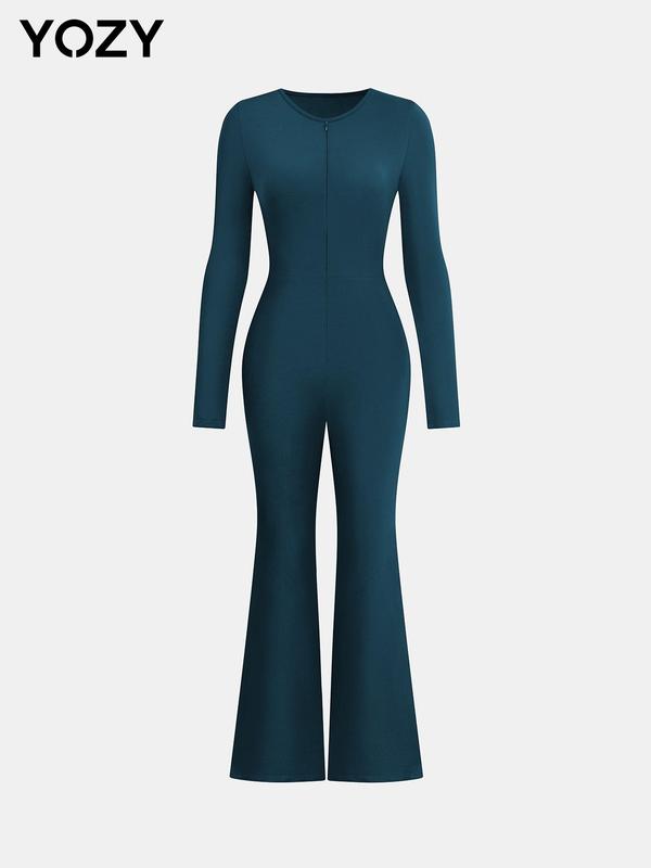 YOZY Zipper Back Flare Leg Jumpsuit  Casual Comfy Solid Long Sleeve Round Neck Bell Bottom Jumpsuit, 2024 Women's Daily Wear for Spring & Fall
