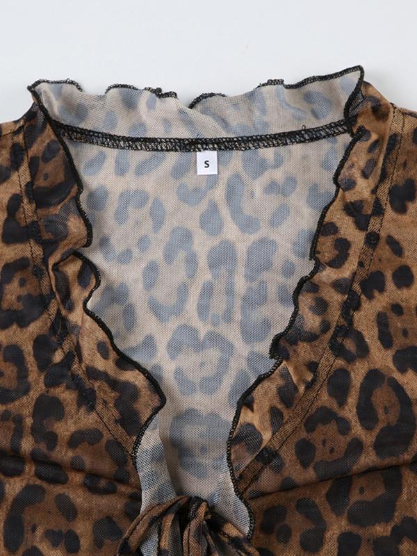 Women's Leopard Print Tulle Blouse, Sexy Fashion Long Sleeve Tie Front Top for Daily Outdoor Wear, Women Clothing for Fall