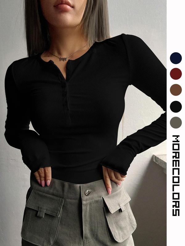 Women's Plain Button Front Tee, Casual Long Sleeve Round Neck T-shirt for Fall & Winter, Women's Clothing for Daily Wear Downtown Girl Clothes, Fall Clothes