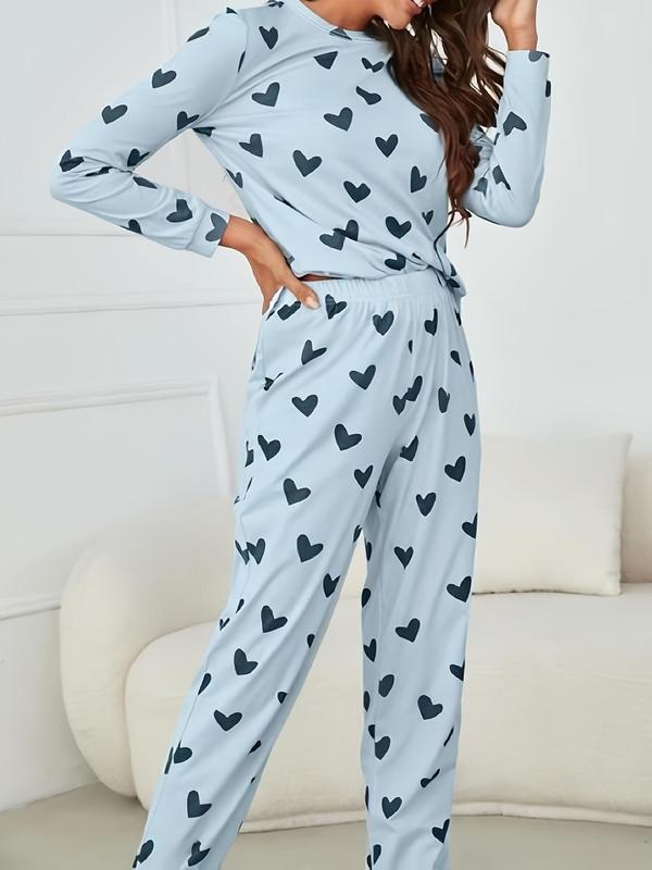 Two-Piece Set Women's Heart Print Round Neck Tee & Elastic Waist Pants Pyjama Set, Crew Neck Long Sleeve T-Shirt & Trousers Set, Fashion Soft PJ Homewear, Casual Comfy Sleepwear Set for Women, Womenswear