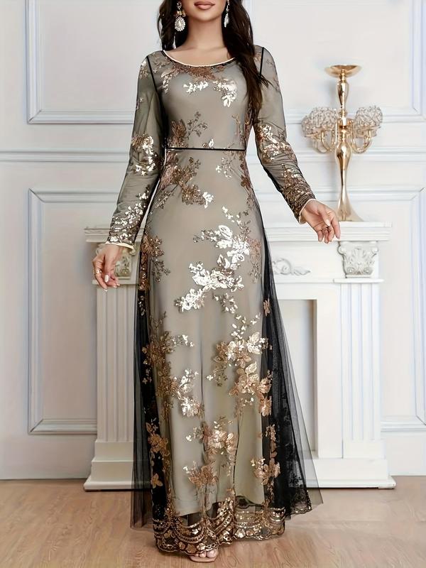Women's Glitter Floral Sequin Contrast Mesh Tiered Layer Vintage Evening Dress, Zipper Elegant Long Sleeve Round Neck Maxi Dress for Evening Party Gown, Ladies Clothes for All Seasons