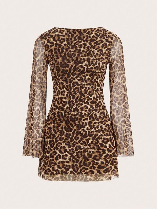 Women's Leopard Pattern Flounce Sleeve Boat Neck Tulle Dress, Wedding Guest Dress Casual Tie Back Backless Long Sleeve Dress for Daily Outdoor Wear, Women Dress for Fall, Casual Dress for Daily Wear