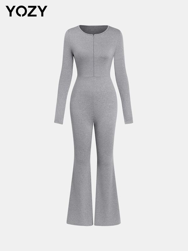 YOZY Zipper Back Flare Leg Jumpsuit  Casual Comfy Solid Long Sleeve Round Neck Bell Bottom Jumpsuit, 2024 Women's Daily Wear for Spring & Fall